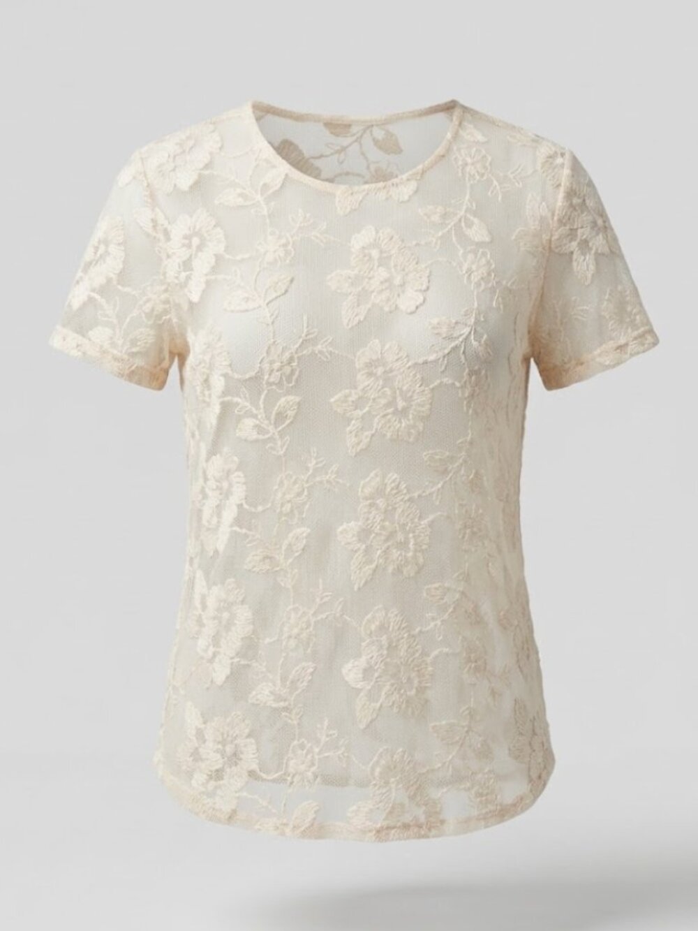 Cream Sheer Floral Mesh Lace Top Short Sleeve S M